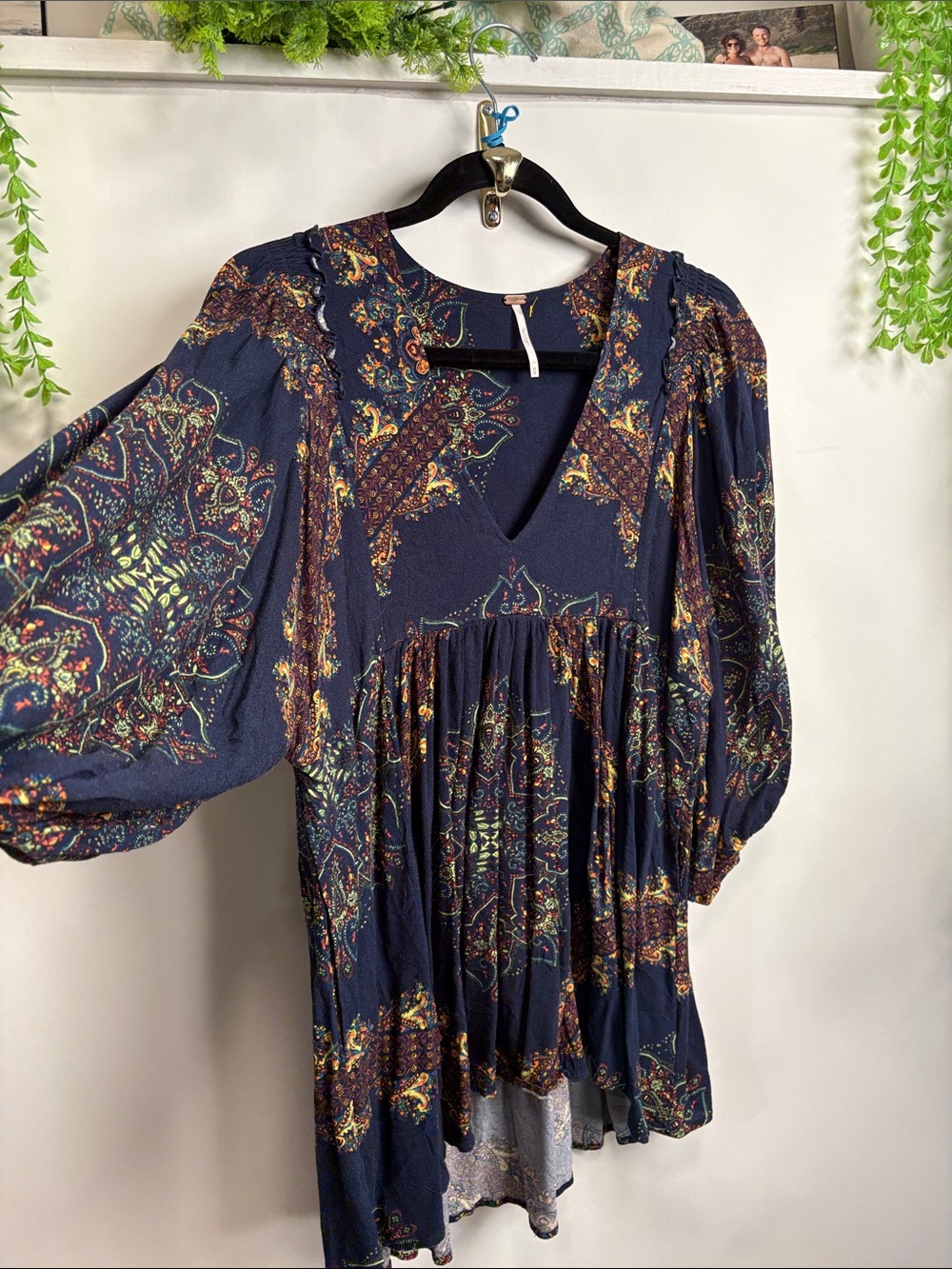 Free People Navy Paisley V-Neck Peasant Blouse